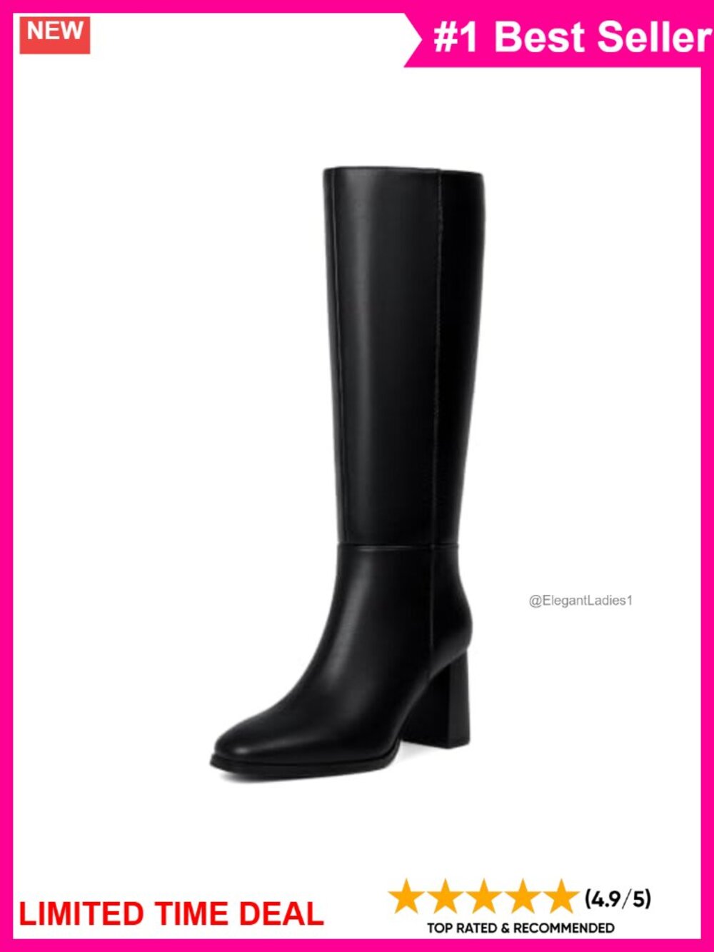 Chunky Heel Square Toe Knee High Boots Faux Leather Tall Boots